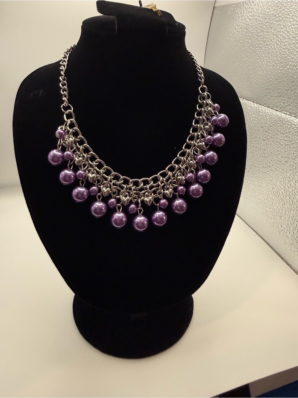 Purple faux Pearl and silver tone tiny heart statement Necklace